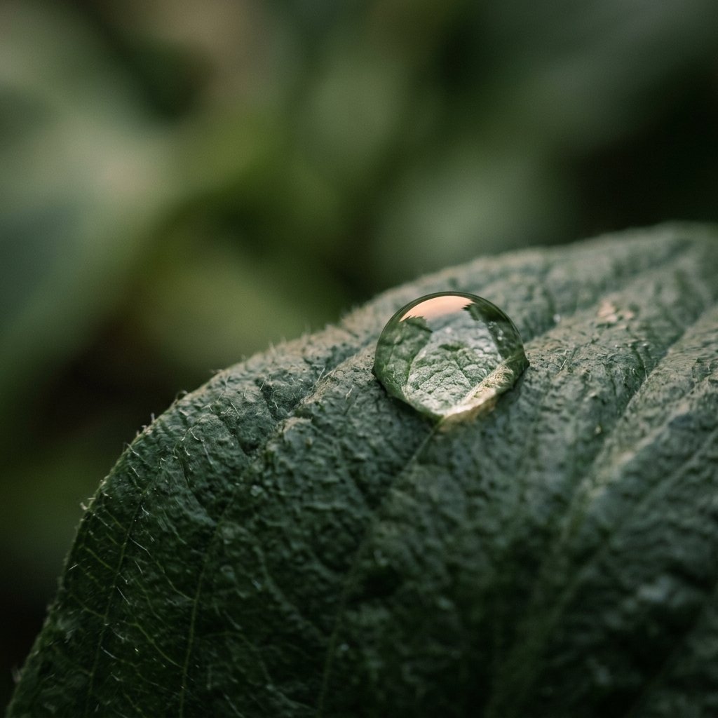 A single water droplet on a leaf surface in diffused outdoor light, macro, no color treatment