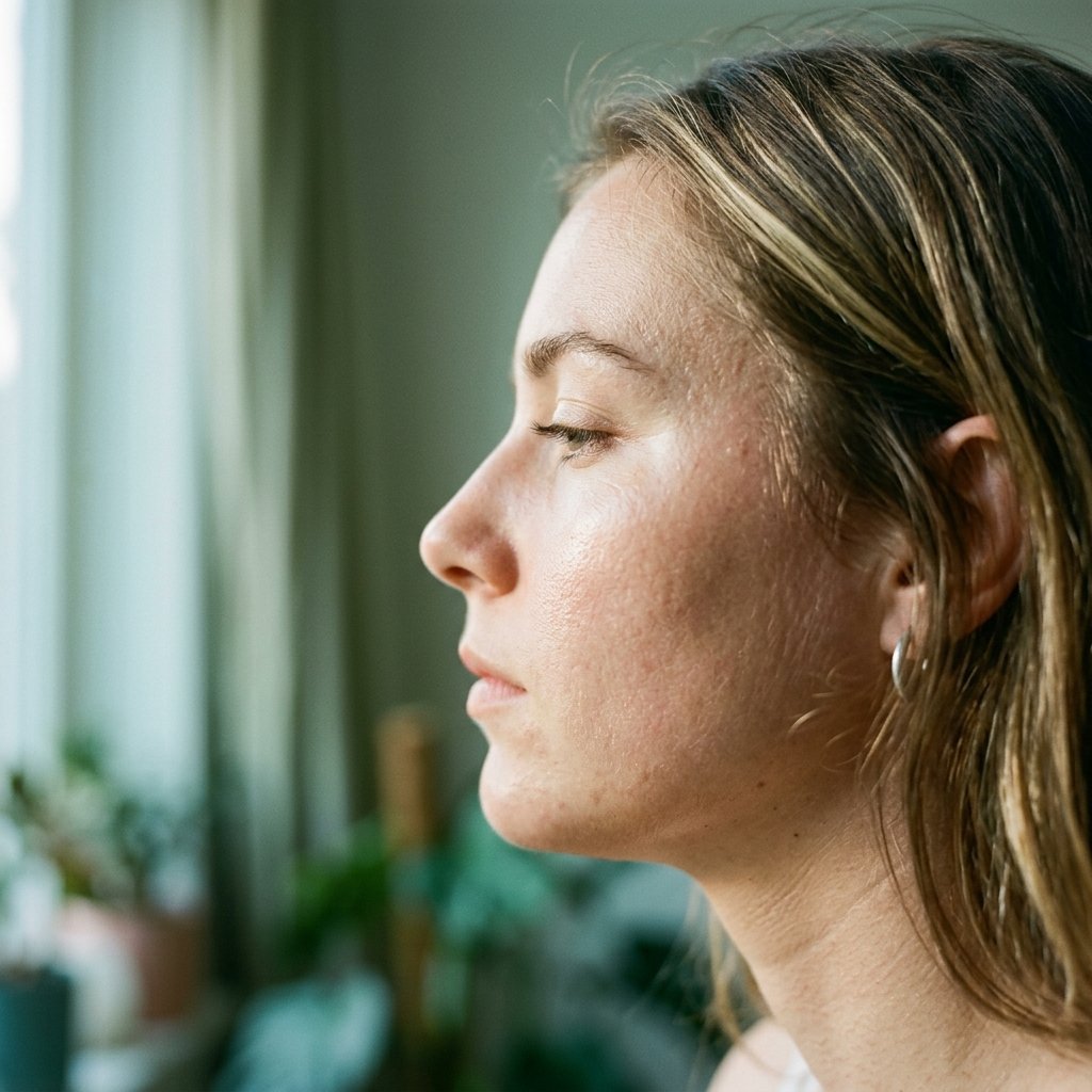 Close-up of a face with dewy skin in morning light, natural and unretouched